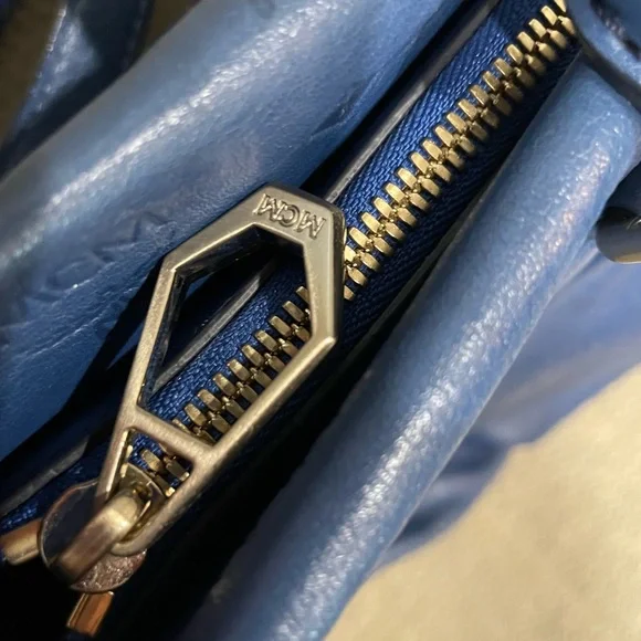 MCM Embossed Blue Leather Bag with original crossbody strap